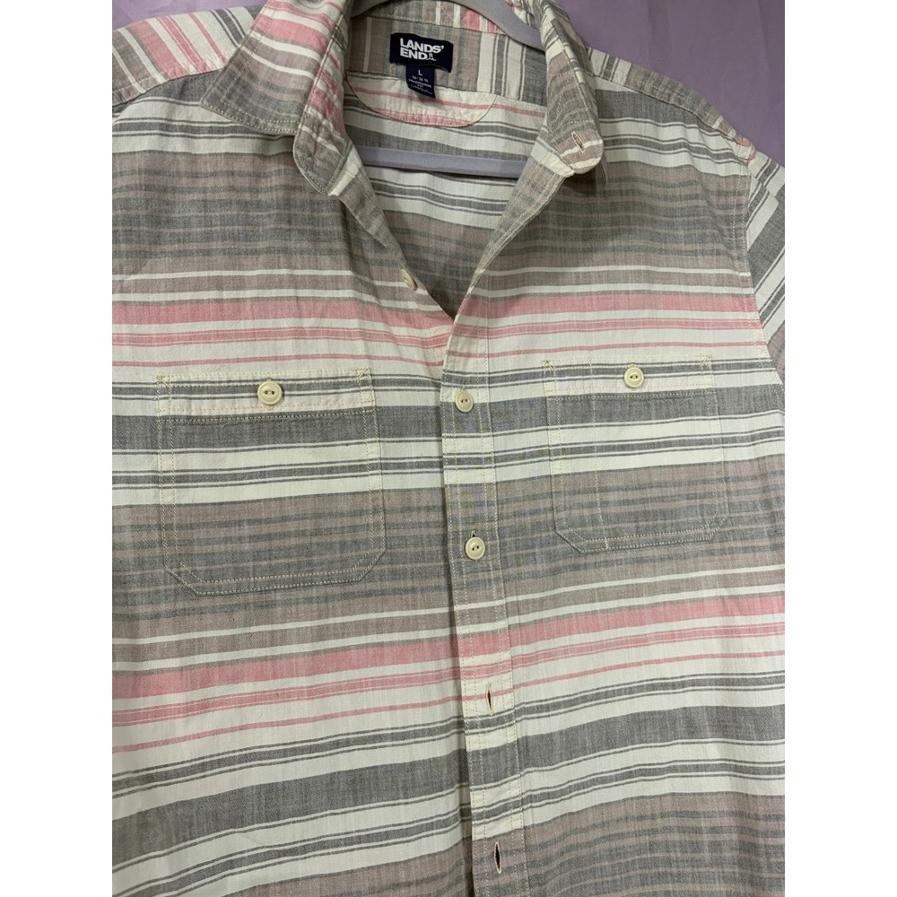 Lands End Mens Large Traditional Fit Striped Button Down Shirt Grey Pink White